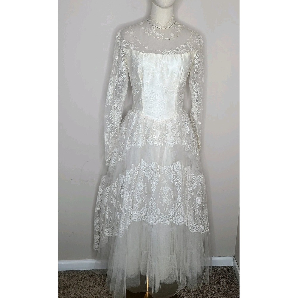 VTG 50s Wedding Dress Cottagecore Lace Tulle Bridal Gown Coquette Princess - Picture 2 of 12